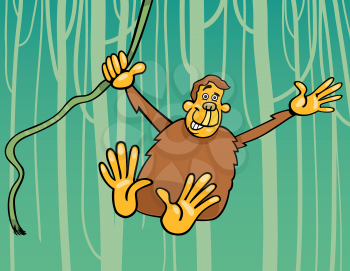 Cartoon Illustration of Funny Chimpanzee Ape in the Jungle