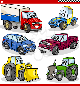 Cartoon Illustration of Cars and Trucks Vehicles and Machines Comic Characters Set for Children