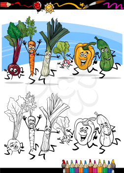 Coloring Book or Page Cartoon Illustration of Running Vegetables Funny Food Objects Group for Children Education