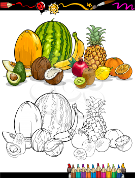 Coloring Book or Page Cartoon Illustration of Tropical Fruits Food Group for Children Education