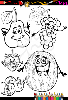 Coloring Book or Page Cartoon Illustration of Black and White Fruits Food Comic Characters Set for Children Education