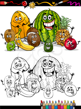 Coloring Book or Page Cartoon Illustration of Funny Tropical Fruits Comic Food Characters Group for Children Education