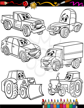 Coloring Book or Page Cartoon Illustration of Black and White Cars or Trucks Vehicles and Machines Comic Characters Set for Children Education