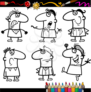 Coloring Book or Page Cartoon Illustration of Black and White Funny People Emotions or Expressions Comic Characters Set for Children
