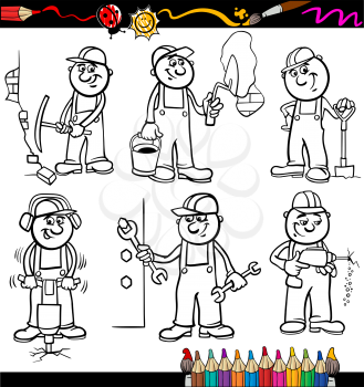Coloring Book or Page Cartoon Illustration of Black and White Funny Manual Workers or Workmen at Work Characters Set for Children Education