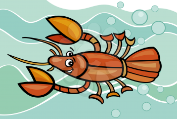 Cartoon Illustration of Funny Crayfish in the Water