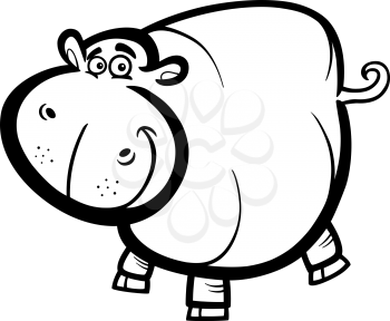 Black and White Cartoon Humorous Illustration of Happy Hippo or Hippopotamus Animal Character for Coloring Book