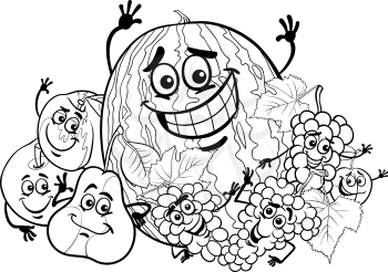 Black and White Cartoon Illustration of Funny Fruits Food Characters Group for Coloring Book for Children