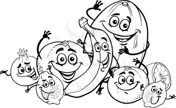 Black and White Cartoon Illustration of Funny Citrus and Tropical Fruits Food Characters Group for Coloring Book for Children