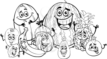 Black and White Cartoon Illustration of Funny Tropical Fruits Food Characters Group for Coloring Book for Children
