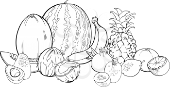 Black and White Cartoon Illustration of Tropical Fruits Food Design for Coloring Book