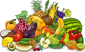 Cartoon Illustration of Fruits and Vegetables Big Group Food Design