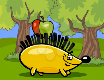 Cartoon illustration of hedgehog with apple in the forest