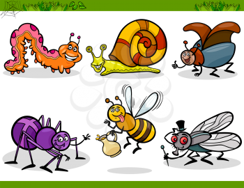 Cartoon Illustration of Happy Insects or Bugs Set like Bee, Beetle, Spider, Fly and Caterpillar