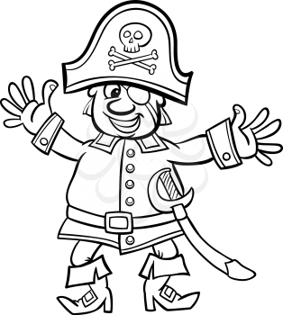 Black and White Cartoon Illustration of Funny Pirate Captain with Eye Patch and Jolly Roger for Coloring Book for Children