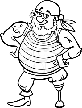 Black and White Cartoon Illustration of Funny Pirate Officer with Peg Leg for Coloring Book for Children