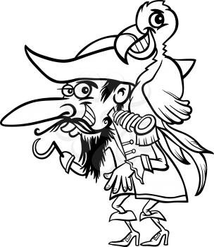 Black and White Cartoon Illustration of Funny Pirate or Corsair with Hook and Parrot for Coloring Book for Children