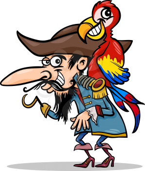 Cartoon Illustration of Funny Pirate or Corsair with Hook and Parrot