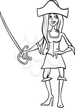 Black and White Cartoon Illustration of Funny Cute Woman Pirate or Corsair with Sword for Coloring Book for Children