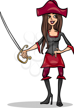 Cartoon Illustration of Funny Cute Woman Pirate or Corsair with Sword