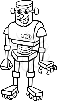 Black and White Cartoon Illustration of Cheerful Robot or Droid for Children to Coloring Book