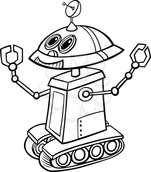 Black and White Cartoon Illustration of Funny Robot or Droid for Children to Coloring Book