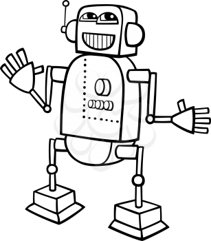 Black and White Cartoon Illustration of Happy Robot or Droid for Children to Coloring Book