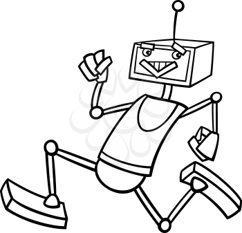 Black and White Cartoon Illustration of Funny Running Robot or Droid for Children to Coloring Book