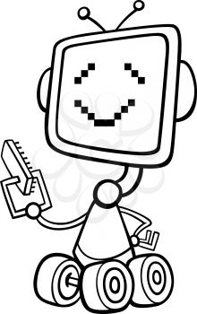 Black and White Cartoon Illustration of Happy Robot or Droid with Microchip or Microprocessor for Children to Coloring Book