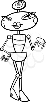Black and White Cartoon Illustration of Cute Female Robot or Droid for Children to Coloring Book