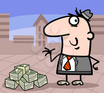 Cartoon Illustration of Man or Businessman with Heap of Money in the City