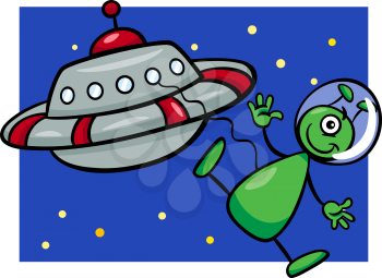 Cartoon Illustration of Funny Alien or Martian Comic Character with Flying Saucer or Spaceship or Ufo