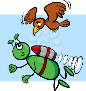 Cartoon Illustration of Funny Alien or Martian Comic Character Flying with Bird