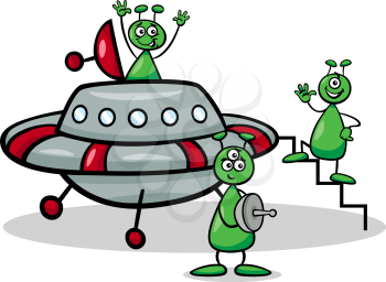 Cartoon Illustration of Three Funny Aliens or Martians Comic Characters with Ufo or Spaceship