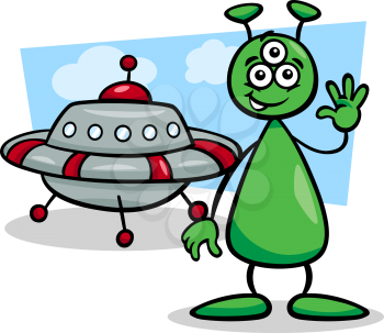 Cartoon Illustration of Funny Alien or Martian Comic Character with Ufo or Spaceship