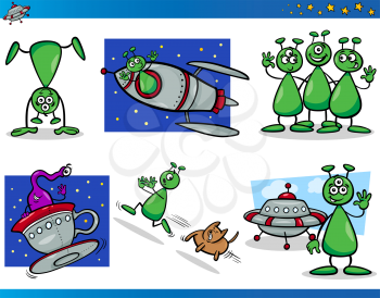 Cartoon Illustrations Set of Fantasy Aliens or Martians Comic Mascot Characters