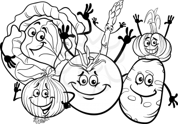 Black and White Cartoon Illustration of Funny Vegetables Food Characters Group for Coloring Book
