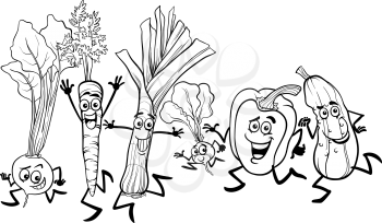 Black and White Cartoon Illustration of Happy Running Vegetables Food Characters Group for Coloring Book