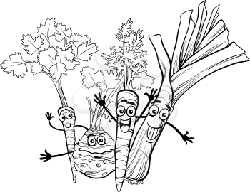Black and White Cartoon Illustration of Happy Soup Vegetables Food Characters Group for Coloring Book