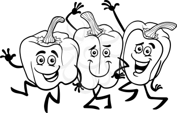 Black and White Cartoon Illustration of Three Funny Peppers Vegetables Food Characters Group for Coloring Book