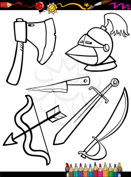 Coloring Book or Page Cartoon Illustration of Black and White Old Weapons Objects Set for Children Education