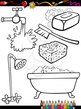 Coloring Book or Page Cartoon Illustration of Black and White Hygiene Objects Set for Children Education