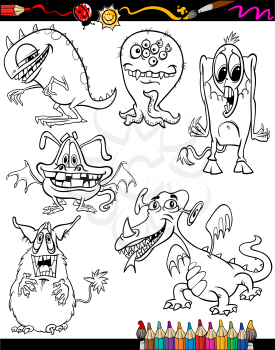 Coloring Book or Page Cartoon Illustration Set of Black and White Fantasy or Halloween Monsters Comic Mascot Characters for Children