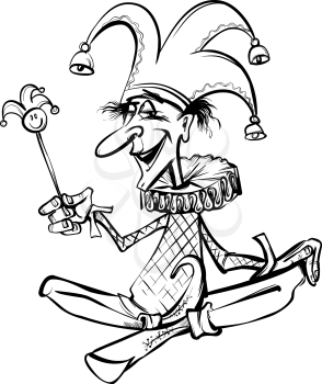 Black and White Cartoon Illustration of Funny Court Jester or Joker