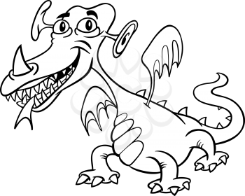 Black and White Cartoon Illustration of Funny Monster or Fright or Fantasy Dragon for Children to Coloring Book