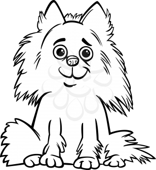 Black and White Cartoon Illustration of Cute Shaggy Purebred Pomeranian Dog for Children to Coloring Book