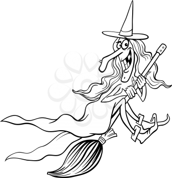 Black and White Cartoon Illustration of Funny Fantasy or Halloween Witch Flying on Broom for Children to Coloring Book