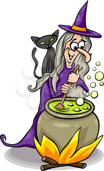 Cartoon Illustration of Funny Fantasy or Halloween Witch with Black Cat Cooking a Magic Mixture