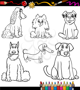 Coloring Book or Coloring Page Black and White Cartoon Illustration of Funny Purebred Dogs or Puppies