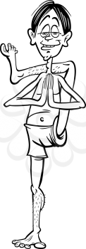 Black and White Cartoon Illustration of Funny Man Practicing Yoga Position or Asana